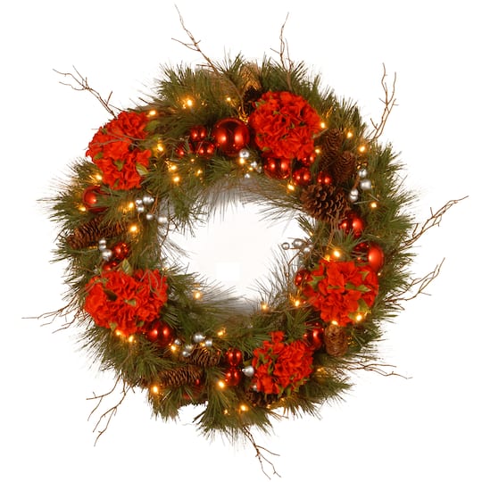 24&#x22; Decorative Collection Hydrangea Wreath with Cones, Red Berries &#x26; 50ct. Soft White Battery Operated LED Lights with Timer
